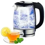 Stilvoller Wasserkocher 1,7 l, aus Glas und Edelstahl, inkl. blauer...