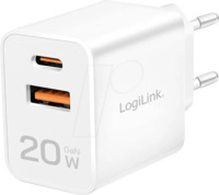 LOGILINK PA0369 - USB-Ladeger&auml;t, 20 W, 1x USB-C PD, 1x USB-A, GaN, wei&szlig;