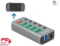 DELOCK 63263 - USB 3.0 Hub, 4 Port, USB-B zu 4x USB-A + 1x PD, 1x Strom