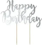 PartyDeco Tortenstecker Dekoration Silber &bdquo;Happy Birthday&ldquo; KPT11-018M dortis