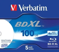 Verbatim 43789, 1x5 Verbatim BD-R Blu-Ray 100GB 4x Speed wide printable JC