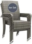 Juskys Polyrattan Gartenst&uuml;hle Yoro 6er Set Stapelbar mit Armlehnen Grau Meliert