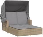 vidaXL Doppel-Sonnenliege mit Dach und Auflagen Beige Poly Rattan 110 x 180/201 x 149