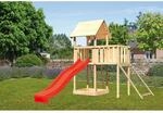 Karibu Spielturm Lotti mit Anbauplattform Netzrampe Rutsche Rot