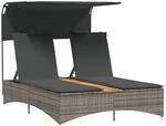 vidaXL Doppel-Sonnenliege mit Dach und Auflagen Grau Poly Rattan 136 x 202 x 140 cm