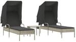 vidaXL Sonnenliegen 2 Stk. mit Dach und Tisch Hellgrau Poly Rattan