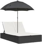 vidaXL Doppel-Sonnenliege mit Kissen&Sonnenschirm Schwarz Poly Rattan