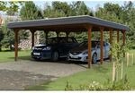 Skan Holz Carport Spreewald 585 cm x 741 cm EPDM Dach schwarze Blende Nussbaum