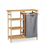 Relaxdays Badregal mit W&auml;schekorb Bambus Stoff Natur Grau 4 Ablagen 80,5 cm x 80 cm