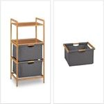 Relaxdays Badregal mit W&auml;schek&ouml;rben Bambus Natur Grau Ausziehbar 96 cm x 44 cm x 34