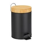 Relaxdays M&uuml;lleimer Stahl Bambus Schwarz mit Trittpedal Absenkautomatik 24,5 cm x 17