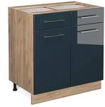 Vicco K&uuml;chenunterschrank Fame-Line Dunkelblau Hochglanz/Goldkraft Eiche 80 cm ohne