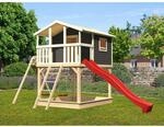 Karibu Stelzenhaus Benjamin Terragrau mit Doppelschaukel Rutsche Rot