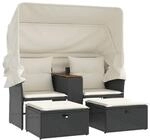 vidaXL Gartensofa 2-Sitzer mit Dach und Hockern Schwarz Poly Rattan 365800