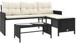 vidaXL Gartensofa in L-Form mit Tisch und Kissen Schwarz Poly Rattan 365571