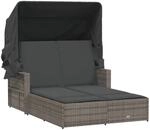 vidaXL Doppel-Sonnenliege mit Dach und Auflagen Grau Poly Rattan