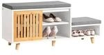 SoBuy Schuhbank mit 2 Sitzfl&auml;chen und 1 Schiebet&uuml;r MDF Bambus Wei&szlig; FSR125-WN