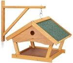 Relaxdays Vogelfutterhaus Holz Stein Natur Gr&uuml;n mit Wandhalterung 35 cm x 42,5 cm x