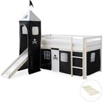Homestyle4u Hochbett 90x200 mit Vorhang Lattenrost Rutsche Turm in Wei&szlig; Pirat 2541