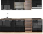 Vicco R-Line K&uuml;chenzeile Schwarz Hochglanz/Goldkraft Eiche 240 cm ohne...