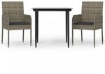vidaXL 3-Tlg Garten-Essgruppe mit Kissen Schwarz und Grau Poly Rattan 3185149