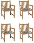 vidaXL Gartenst&uuml;hle 4 Stk Graue Karomuster-Kissen Massivholz Teak 3073018