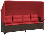 vidaXL Sonnenliege mit Dach und Kissen Braun Poly Rattan 368341