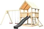 Karibu Spielturm Luis mit Rutsche Doppelschaukel u. Netzrampe Natur-Anthrazit