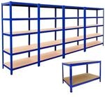 Monstershop 4x T-Rax Lagerregal 90cm Blau & Q-Rax Werkbank 120cm Blau im Set