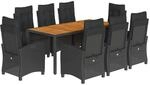 vidaXL 9-Tlg Garten-Essgruppe mit Kissen Schwarz Poly Rattan 3212669
