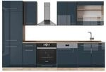 Vicco Fame-Line K&uuml;chenzeile Dunkelblau Hochglanz/Goldkraft Eiche 300 cm ohne