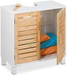 Relaxdays Waschbeckenunterschrank Bambus MDF Wei&szlig; Natur Mit Magnetverschluss und