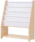 Relaxdays Kinderb&uuml;cherregal Holz Polyester Natur Wei&szlig; Montessori-inspiriert mit 4