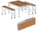 Wiltec Koffertisch mit 2 B&auml;nken Holzdesign Aluminium Campingtisch Klapptisch