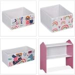 Relaxdays Kinderregal MDF Holz Stoff Bunt mit 6 Aufbewahrungsboxen 66 cm x 63 cm x 30
