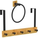 Relaxdays T&uuml;rgarderobe und Handtuchring Set Bambus Eisen Schwarz Selbstklebend 24 cm
