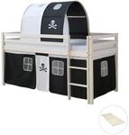 Homestyle4u Hochbett 90x200 mit Vorhang Lattenrost Tunnel in Wei&szlig; Pirat 2539