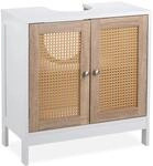 Relaxdays Waschbeckenunterschrank MDF Wei&szlig; Natur mit Rattan T&uuml;ren Einlegeboden