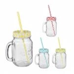 Relaxdays Trinkgl&auml;ser 4er Set Glas Transparent mit Schraubdeckel und Strohhalm 13,5