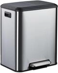 Relaxdays M&uuml;lleimer Edelstahl Silber mit 2 F&auml;chern Absenkautomatik Trittpedal 49 cm