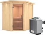 Karibu Sauna Cleo, Ofen, integrierte Steuerung, Glast&uuml;r, LED-Dachkranz
