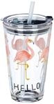 Relaxdays 4er Set Glasbecher Glas Pink mit Deckel und Strohhalm 15,5 cm x 9 cm x 9,5