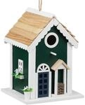 Relaxdays Vogelhaus Landhaus Holz Gr&uuml;n Wei&szlig; Natur H&auml;ngend 25,5 cm x 18,5 cm x 18,5