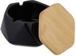 Relaxdays Tischaschenbecher Keramik Bambus Schwarz Mit Deckel 6 cm x 11,5 cm x 10,5