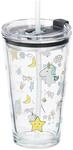 Relaxdays Kindergl&auml;ser 4er Set Glas Transparent Wei&szlig; Gelb mit Deckel und Strohhalm