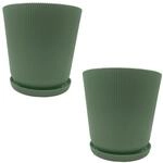 Relaxdays Blument&ouml;pfe mit Untersetzern 2er Set Kunststoff Salbei Rund Gerippt 20 cm
