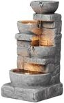 Teamson Home Garten Wasserbrunnen Kaskaden Schalen Gestapelte Steine LED Grau