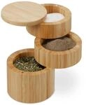 Relaxdays Salzbeh&auml;lter Bambus Natur 3 F&auml;cher Drehbar 13 cm x 9 cm 320 g