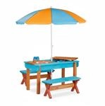 Relaxdays Kindersitzgruppe Holz Orange Blau mit Sonnenschirm H&ouml;henverstellbar 50,5