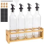 Relaxdays &Ouml;lflaschen 4er Set Glas Bambus Transparent Natur Schwarz Tropffrei mit